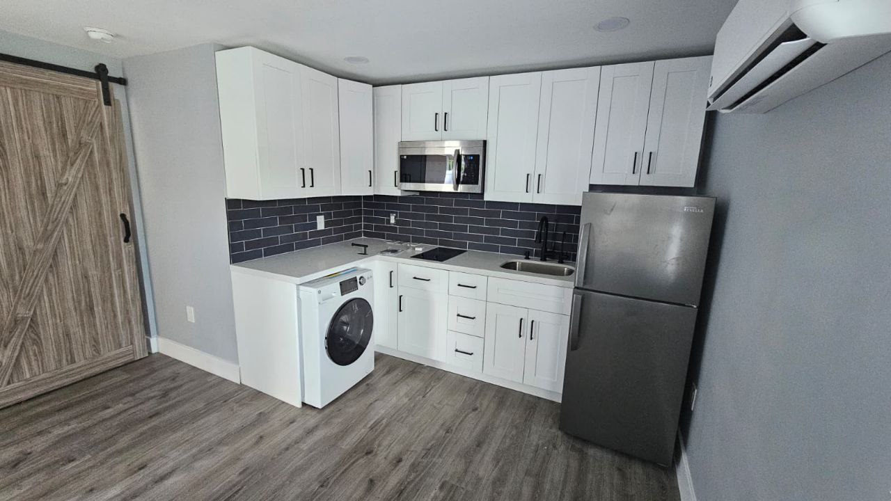 Barn door detail, W/D combo, mini-split AC